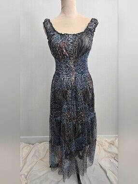 Smocked Maxi Dress in Black and Blue Abstract Print